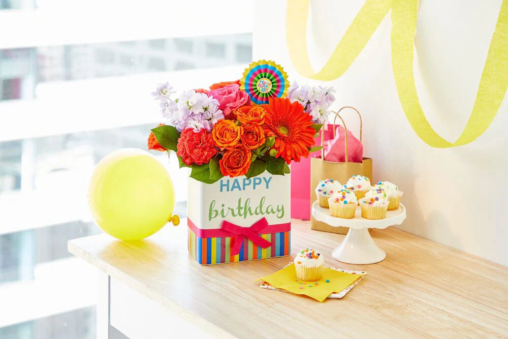 Fresh birthday floral arrangement featuring seasonal flowers, designed to make someone’s birthday extra special