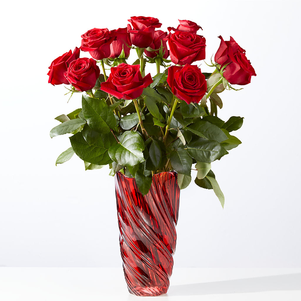 Bouquet de roses rouges Amour classique avec vase tourbillon de luxe